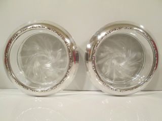 Vintage ' Amston ' Sterling Silver & Crystal Glass Coasters - Set (2) Repousse photo