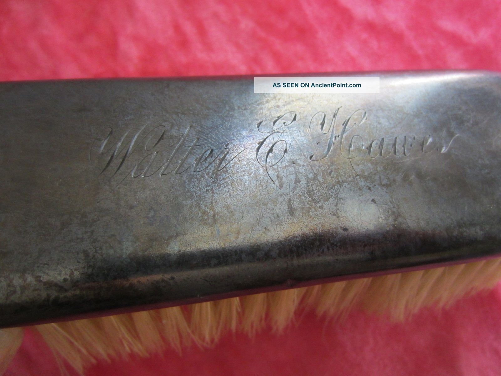 Sterling Silver Oval Natural Bristle Brush Engraved Script Walter A Hawes Marked Brushes & Grooming Sets photo