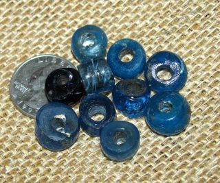10 Ancient Roman Glass Wound Glass Blue Beads 1800yo - 1500yo photo