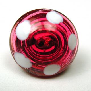 Antique Charmstring Glass Button Cranberry W/ Ring Of White Dots Swirl Back photo
