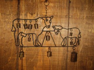 Antique Vintage Rustic Primitive Metal Cow & Calf Wind Chimes Hand Riveted Bells photo