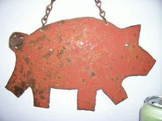 Old Hand Made Carnival Cut - Out Of Old Rusted Pig,  Metal Target,  On Rusted Chain photo
