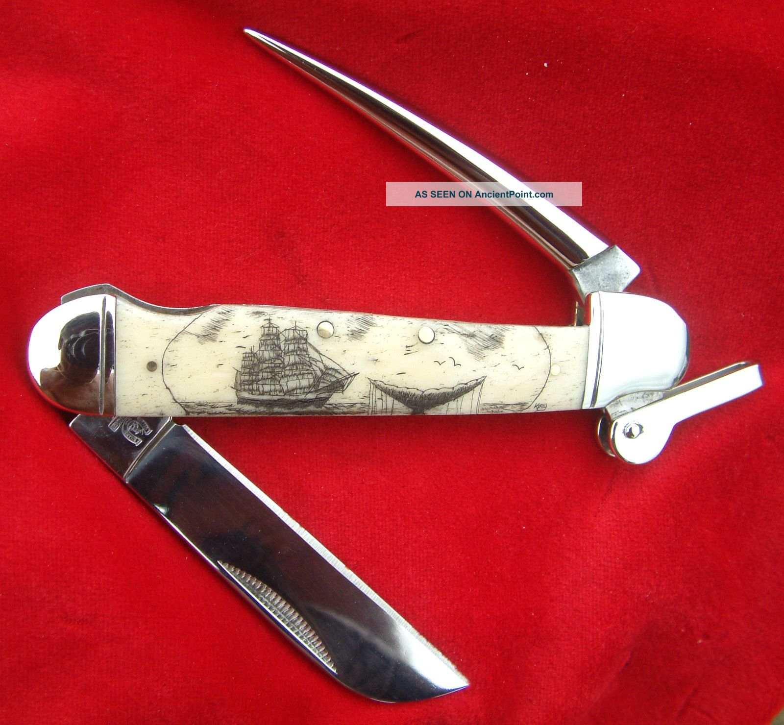 Collectable,  Scrimshaw Art,  Ship,  Whale Tail,  Marlin Spike Folding Knife/knives Scrimshaws photo