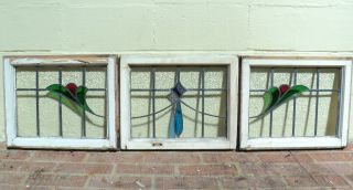 Antique Stained Glass Stainedglass Leaded Windows 3 Piece Set Transom Colorful photo