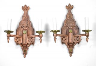 Pair Copper Sconces Brass Antique Vintage Restored Art Deco Tudor English Style photo