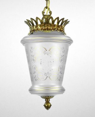 Antique Lantern Pendant Light Restored Vintage Brass Bronze Glass Chandelier Old photo
