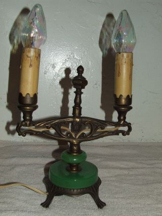 Vintage Working 1930 ' S Art Deco Jadite Candelabra Table Lamp Dual Candle Light photo