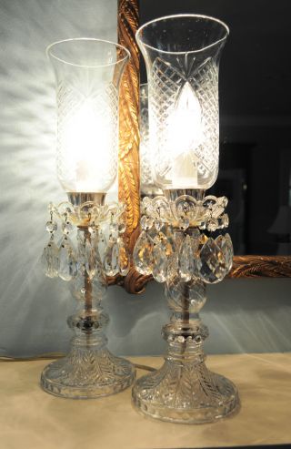 Vintage Boudoir - Mantle Lamps - Palm Leaf - Candlewick Pattern Bases W/ Prisms photo