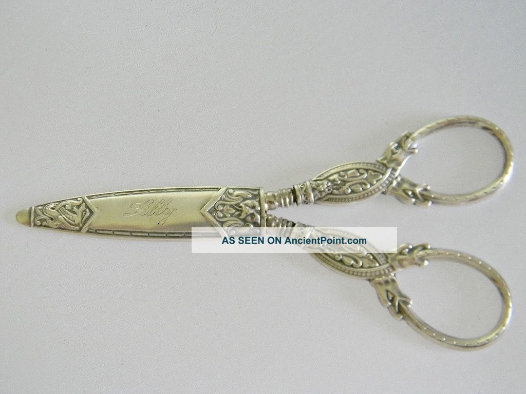 Antique 830 Silver Scissors With Sleeve Gothic Theme Pre 1923 Great Graphics Other photo