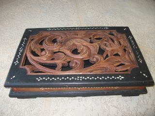 Unique Wood Hand Carved Dolphins Vintage Antique Box Chest Inlaid Mother Pearl photo