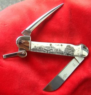Scrimshaw Art,  Ship,  Whale,  Island,  Marlin Spike Folding Knife/knives photo