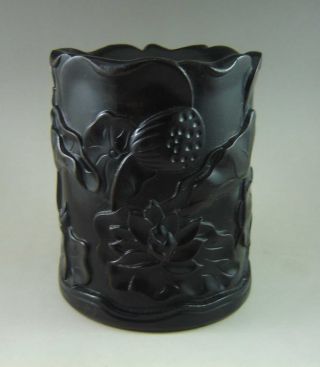 445g Chinese Old Wooden Carved Lotus Brush Pot photo