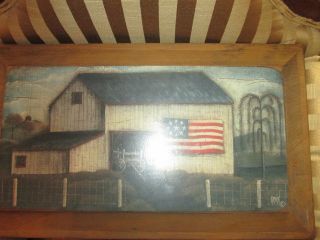 Primitive Vintage Antique Style,  Wood Folk Art Contry Barn Painting - Picture photo