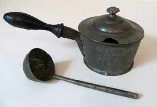 Antique 1894 Primitive Tin Pot With Wooden Handle & Tin Ladle Cooking Or Serving photo