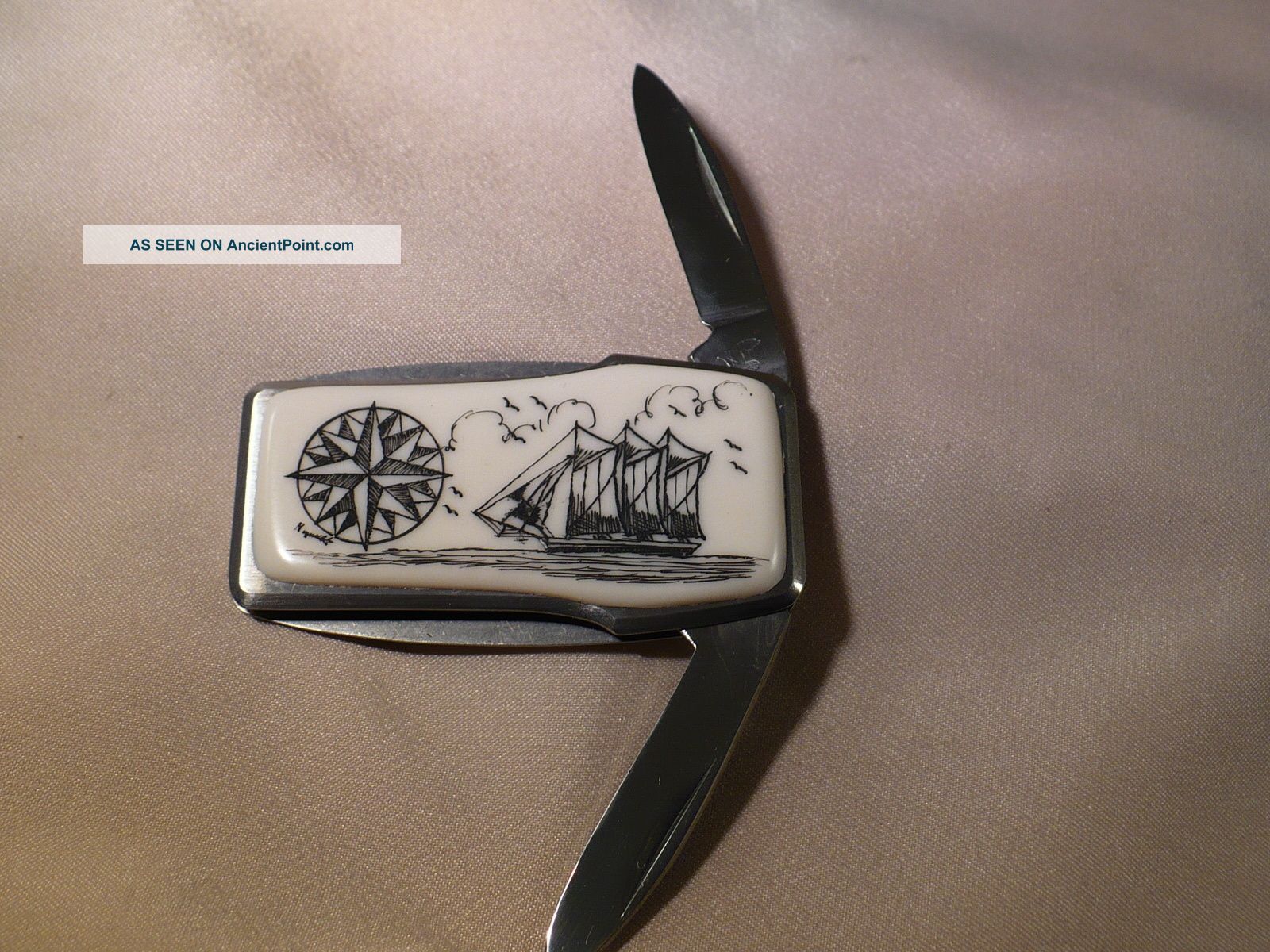 Scrimshaw Resin Money Clip Knife Schooner - Compass Rose Scrimshaws photo