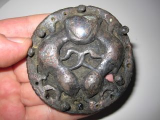 Saxon Bronze Applique Of Two Co - Joined Creatures With Gold Inlay 10 - 13c Ad photo