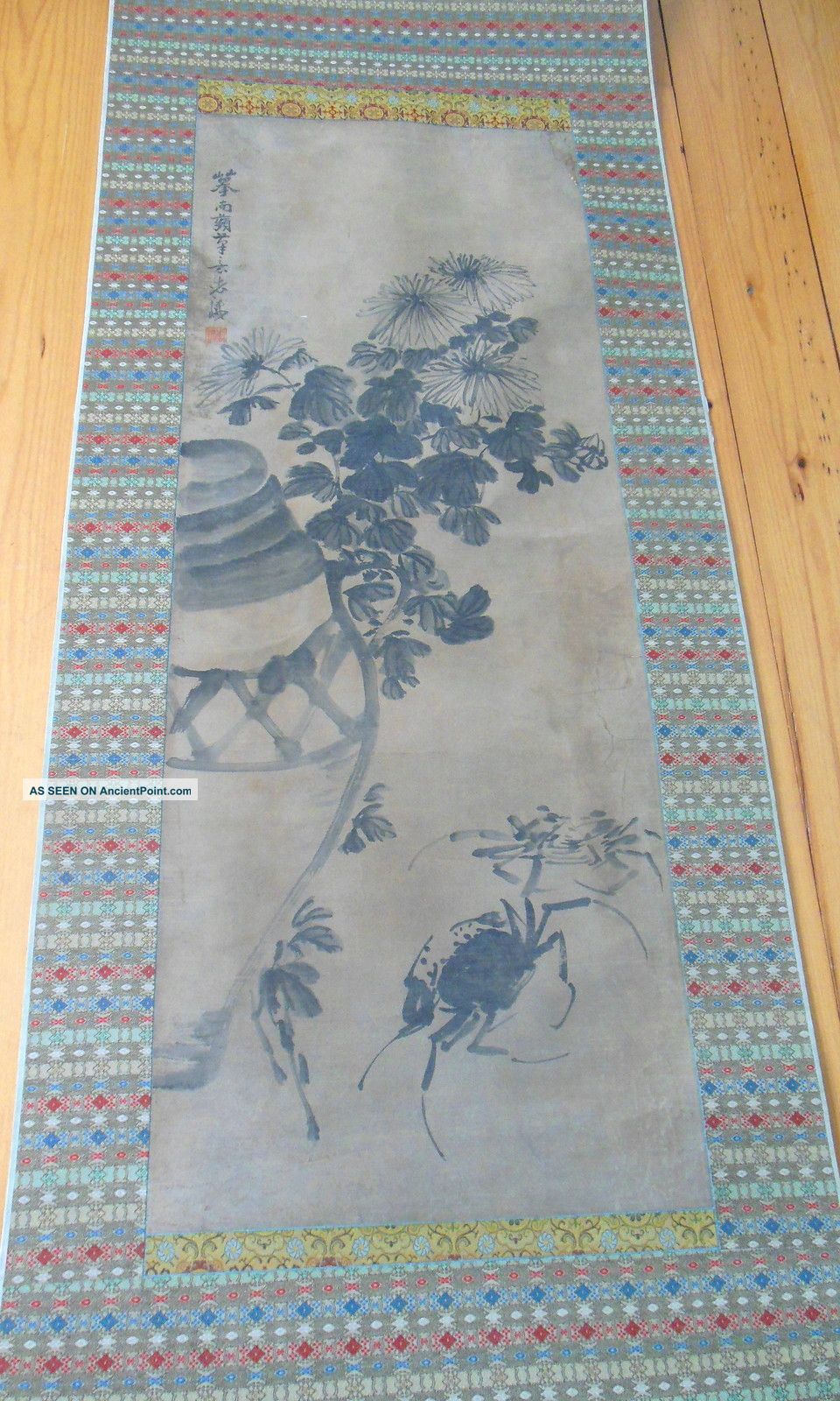 Antique Chinese Crab Scroll Ink Painting With Ornate Embroidered Textile Border Paintings & Scrolls photo