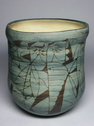 Studio Art Pottery Japanese Incised Sgraffito Etched Mid Century Modern Vase Vtg photo
