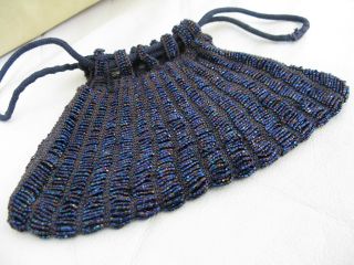 Vintage Crochet Peacock Iridescent Blue Bead Flapper Reticule Drawstring Purse photo