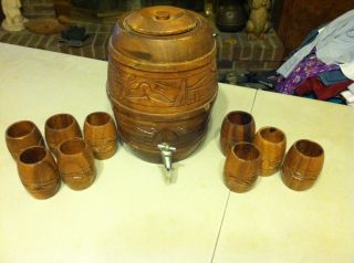 Antique Wooden Water/drink Dispenser With Matching Cups Rare photo