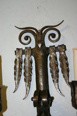 Rare - Art Nouveau Hand Wrought Iron Art 2 - Light Owl Wall Sconce photo