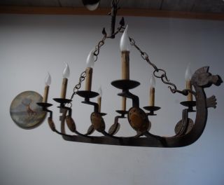 Rare Huge Antique Quality Wrought Iron Viking Ship Chandelier photo