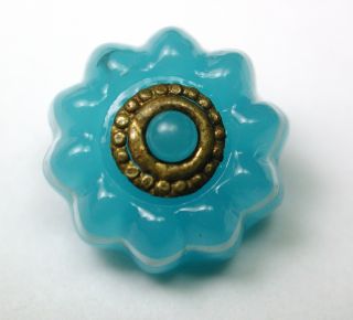 Antique Charmstring Glass Button Turquoise Candy Mold W/ Brass Ome Swirl Back photo