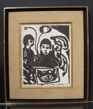 Orig 1964 Mid Century Modern Wood Block Print Monk At A Carnival Stephanoff Yqz photo