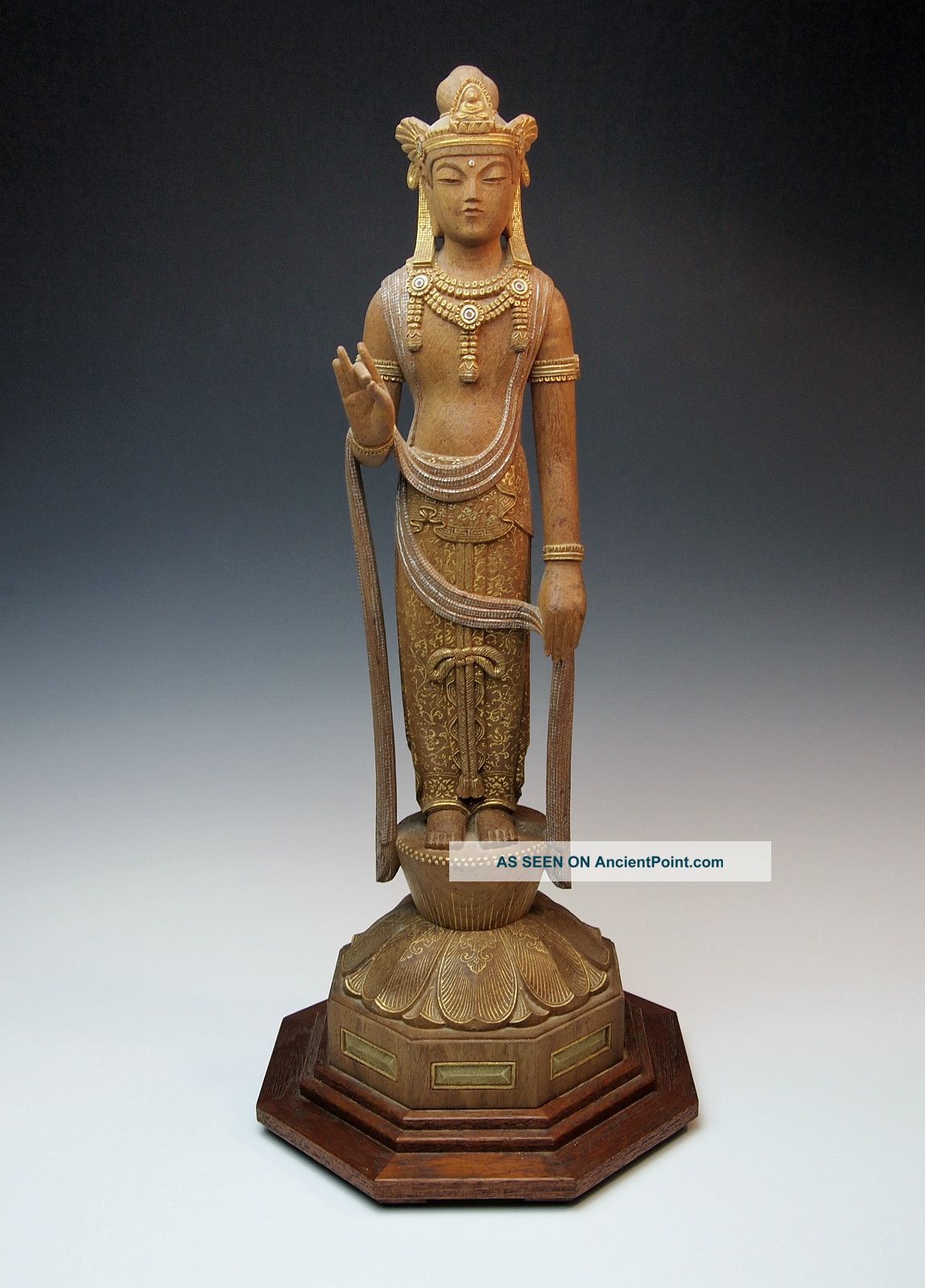 Exquisite Antique Carved Wood Avalokiteshvara / Sho Kannon Statue Signed Statues photo