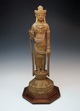 Exquisite Antique Carved Wood Avalokiteshvara / Sho Kannon Statue Signed photo
