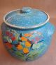 Antique Handmade Blue W Painted Flower Clay Pot Lidded With Lid & Handles S Primitives photo 10
