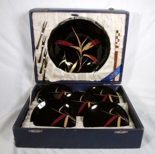 Vintage Japan Japanese Black Lacquer Ware 11 Pc Plate Set & Case,  Bamboo Design photo