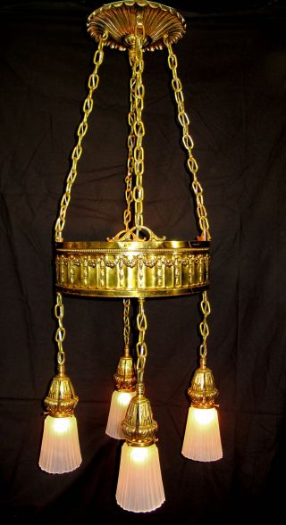 Chandelier B & H Signed Real Brass Nouveau Deco Light Antique Hanging Fixture photo