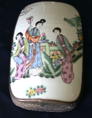 Antique Vintage Japanese Silver Porcelain Geisha Snuff Pill Jewelry Trinket Box photo