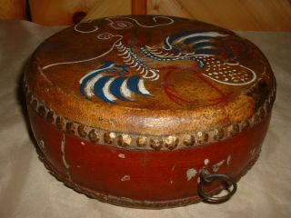 Vintage Or Antique Leather & Wood Painted Drum With Dragon & Phoenix Bird photo