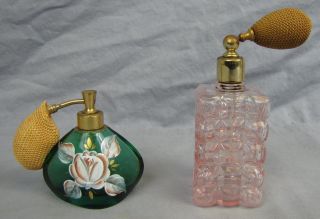 Two Antique Glass Perfume Bottles With Atomizers photo