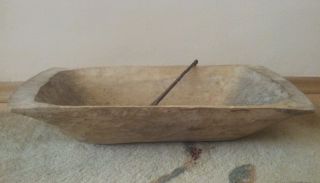 Primitive Hand Hewn Wooden Trench Dough Bowl+primitive Spatula photo