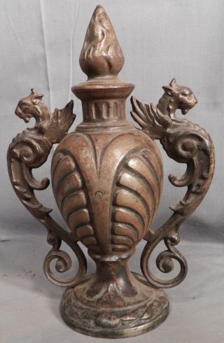 Antique Nickel Plate Cast Iron Parlor Stove Finial Flame Lions Heads Ornate photo