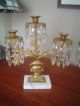 Vtg.  Pair Girandole 3 Hole Brass Candle Holders 60 Crystals Total Marble Base Metalware photo 1