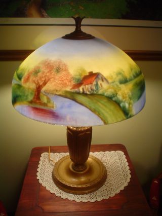 Antq.  Exceptional Reverse Painted Scenic Jeannette Lamp Brilliant Color photo