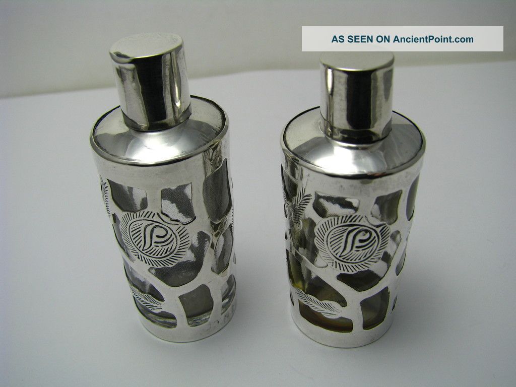 2 Vintage Sterling Silver & Glass Perfume Bottles Taxco Mexico Ca1950s Mexico photo