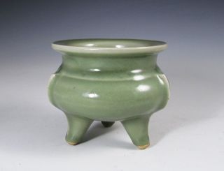 Old Chinese Celadon Glaze Tri Pod Censer Bowl With Ribbed Body photo