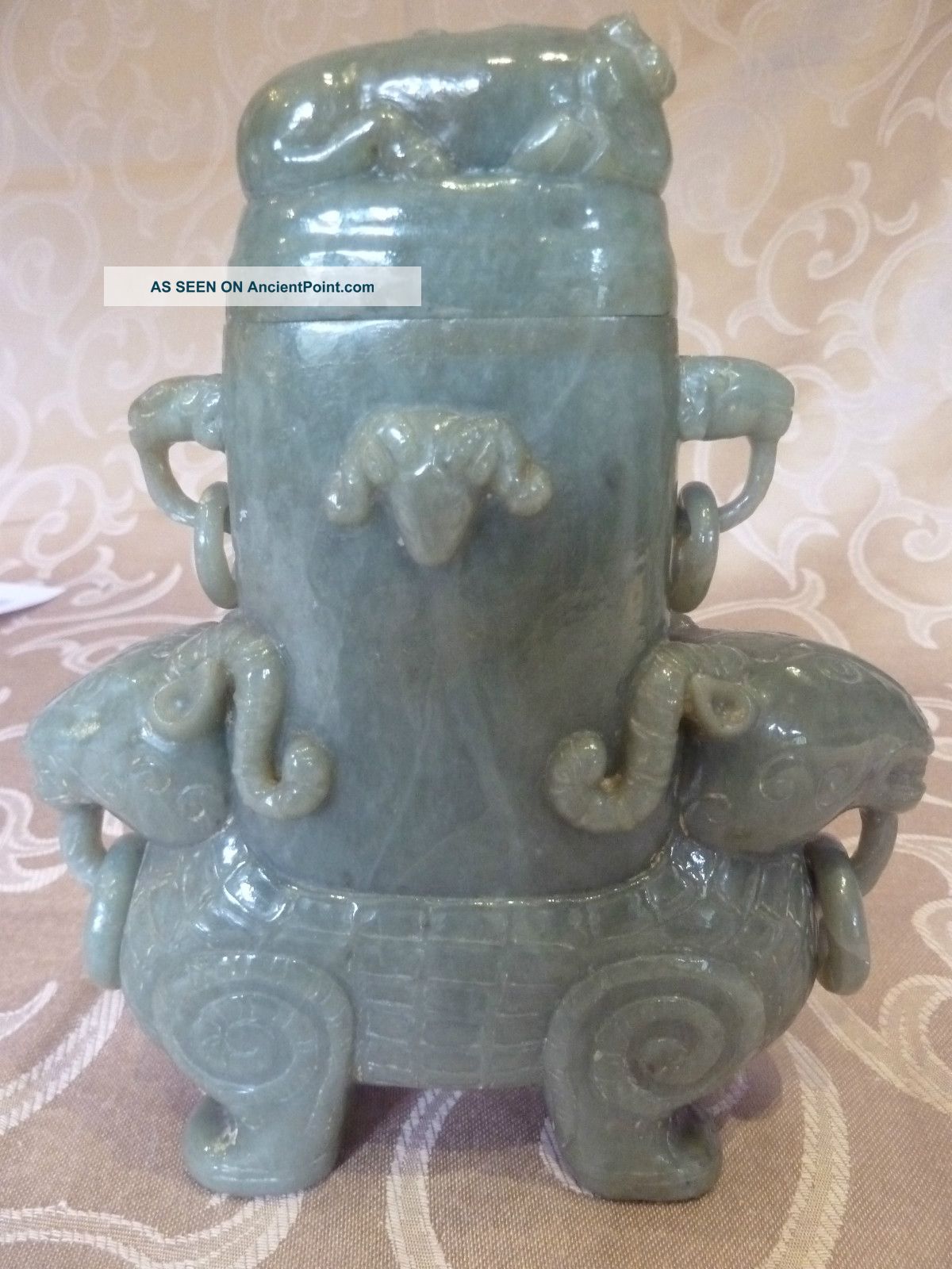 Chinese Jade Lidded Jar With Carved Beasts Jade/ Hardstone photo