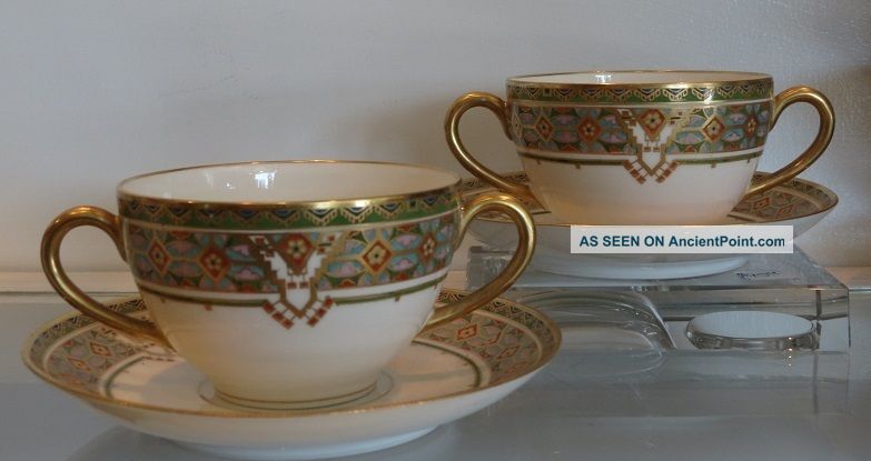 Pair Of Unusual Antique Hand Painted Bernardaud Limoges Porcelain Cup & Saucers Cups & Saucers photo