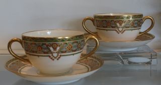 Pair Of Unusual Antique Hand Painted Bernardaud Limoges Porcelain Cup & Saucers photo