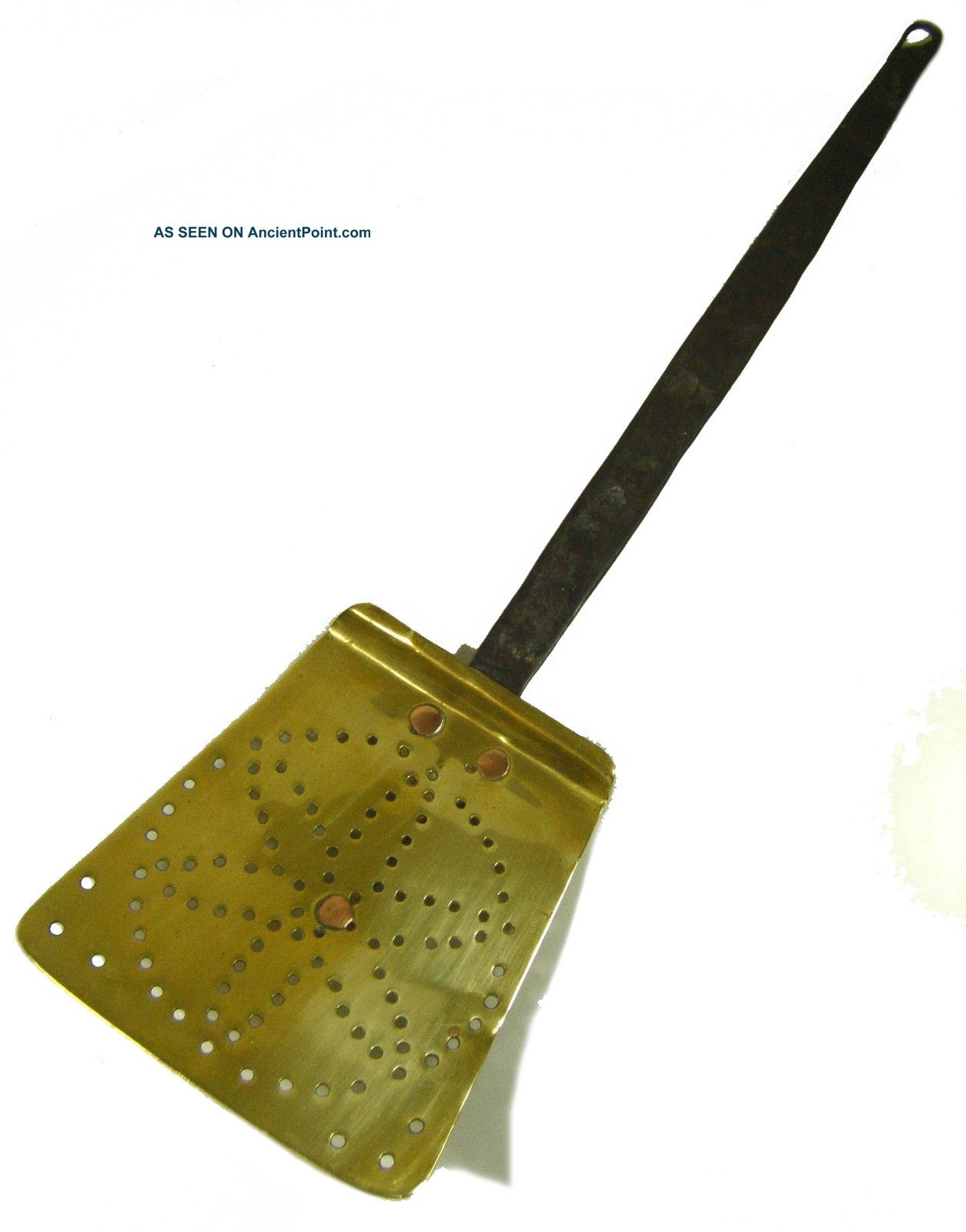 Large 18th C.  Hearth Tool.  Hand Forged Brass & Iron Pierced Spatula Best Primitives photo