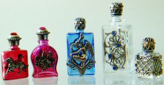 Decorative Glass & Silver Cased 5 Jeweled Mini Perfume Bottle Set 80s Collection photo