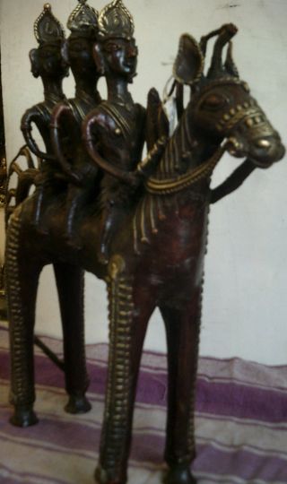 Tribal India Dhokra Art 3 Villagers Sitting On A Horse Big Size Brass Metal photo