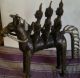 Tribal India Dhokra Art 3 Villagers Sitting On A Horse Big Size Brass Metal Metalware photo 6