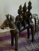 Tribal India Dhokra Art 3 Villagers Sitting On A Horse Big Size Brass Metal Metalware photo 7